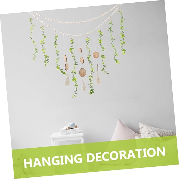 Hanging Photo Display Wooden Beads and Eucalyptus Leaves Stylish Wall Decor for Bedroom and Living Room Easy to Install Picture Holder Garland for Home Decoration