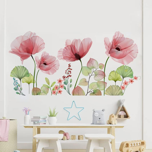 Runtoo Poppy Flowers Wall Stickers Floral Leaf Wall Art Decals Living Room Bedroom Nursery Wall Decor