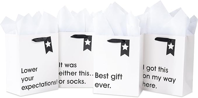 Loveinside Christmas Medium Size Gift Bags Set, Funny Quirky Design with Bold Black Text Pattern with Tissue Paper Perfect for Shopping, Parties, Birthday, Holiday, 4 Pack, 7" X 4" X 9"