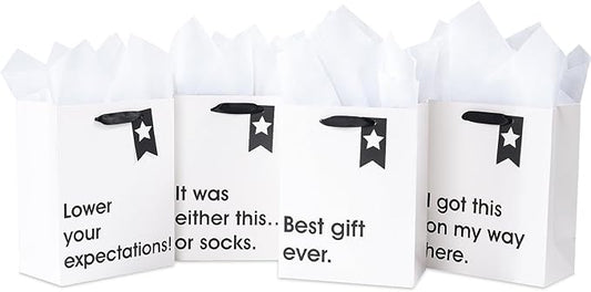 Loveinside Christmas Medium Size Gift Bags Set, Funny Quirky Design with Bold Black Text Pattern with Tissue Paper Perfect for Shopping, Parties, Birthday, Holiday, 4 Pack, 7" X 4" X 9"