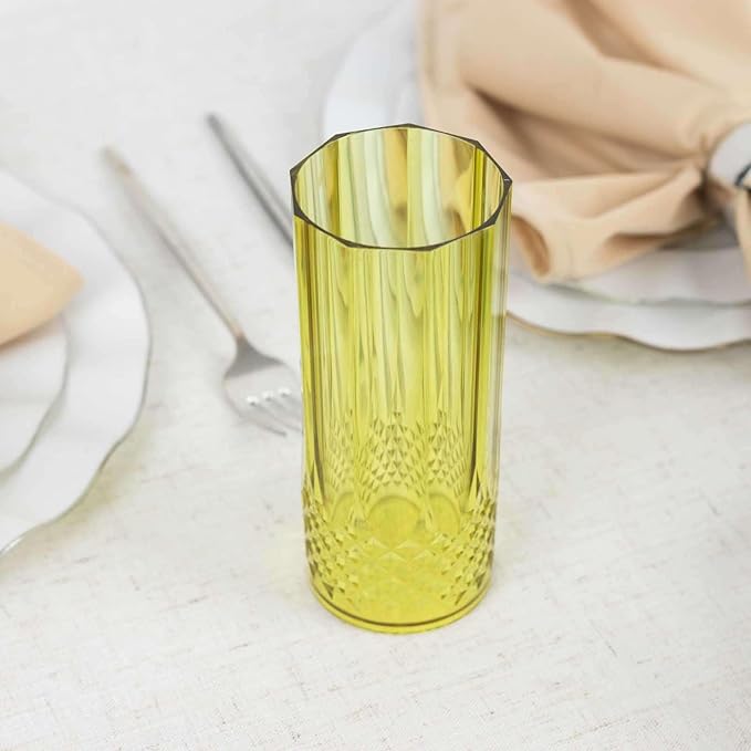 Efavormart 6 Pack Green Crystal Cut Reusable Plastic Highball Drink Glasses, Shatterproof Tall Cocktail Tumbler Cups - 14oz