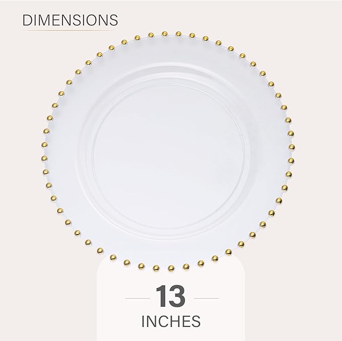 PLASTICPRO Clear with Gold Rim Plastic Charger Plates with Beaded Edge – Pack of 4 – 13" Elegant Round Disposable Chargers for Weddings, Events, Parties, and Dinners