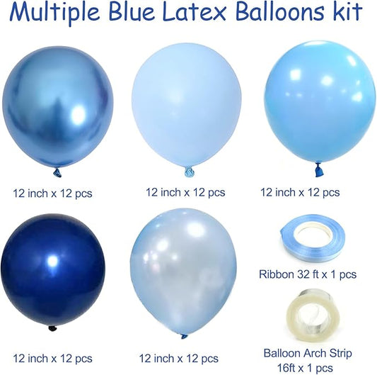 Blue Balloons Metallic Blue Balloon, 60Pcs 12Inch Chrome Blue Balloons Kit Macaron Light Pearl Navy Blue Latex Balloons for Birthday Wedding Party Decoration