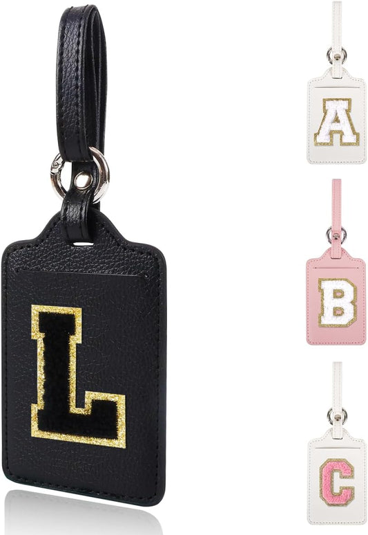 Personalized Initial Luggage Tags for Suitcases, Leather Chenille Letter Cute Luggage Tags with Privacy Name Card, Embroidered Travel Bag Backpack Tags Gifts for Women Kids Girls Teens(Black-L)