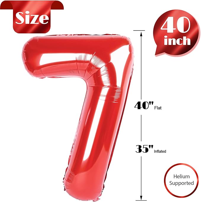 Red Number 7 Balloon 40 Inch, 7th Birthday Party Decorations for Children, Giant 7 Foil Balloon for Party Supplies