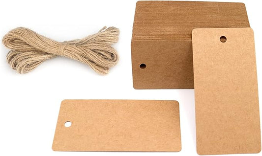 G2PLUS 100PCS Kraft Paper Gift Tags with String,3.5" x 1.7"Brown Blank Tags with Jute Twine Rectangle Labeling Tags for Arts and Crafts,Wedding,Christmas,Thanksgiving and Holiday