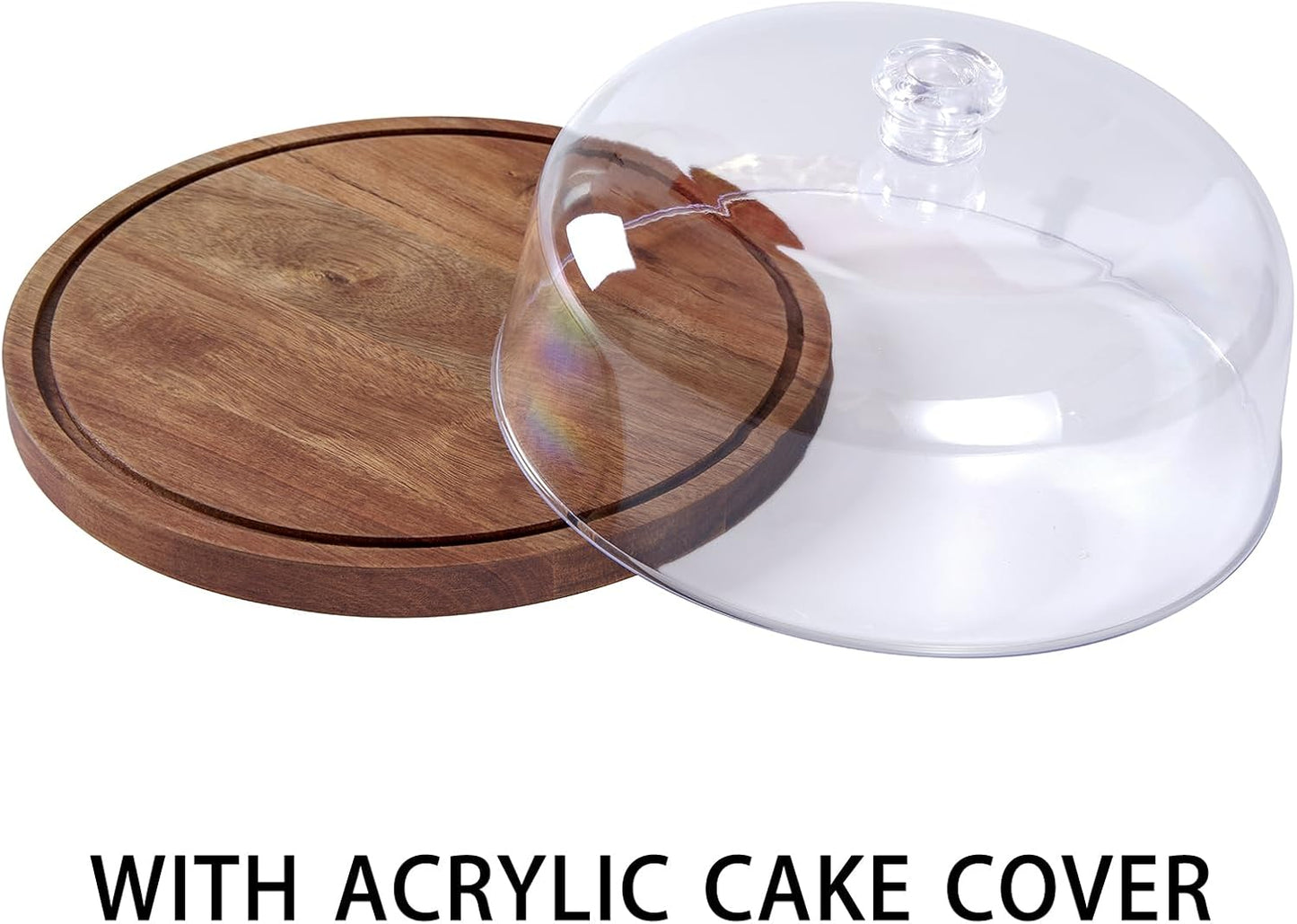 Cake Stand with Lid, Acacia Wood 12in Round Cake Holder, 2-in-1 Dessert Table Display Set & Charcuterie Board for Cheese, Chips & Dips, Nachos, Fruit Platter, Large Acrylic Cake Dome Cover