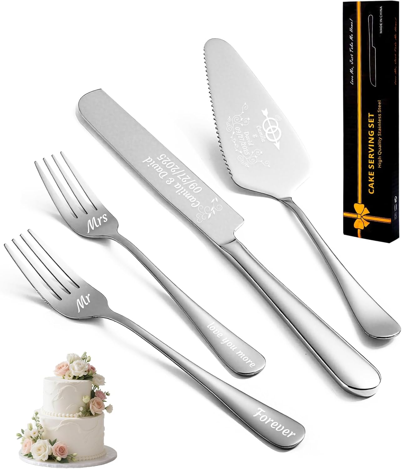 HJX Personalized Wedding Cake Knife and Server Set, Custom Names Cake Cutting Set, Customized Knife and Cake Server Set Gift for Bridal Anniversary Birthday Wedding Registry (Silver)