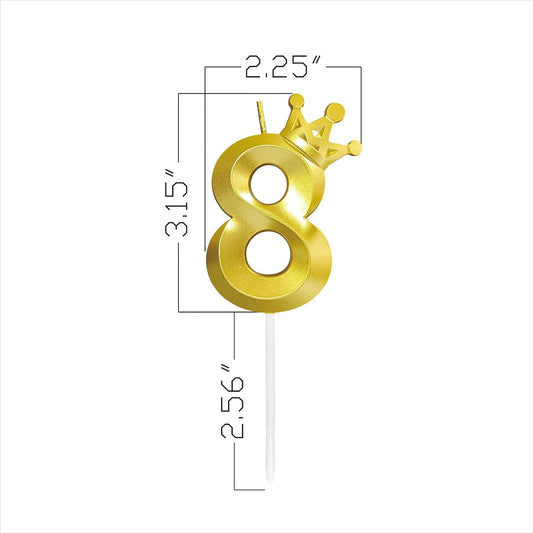 Number 8 Birthday Candle Eight Years Old Happy Birthday Number Candles Cake Topper Decorations 3D Crown (Crown-8, Gold)