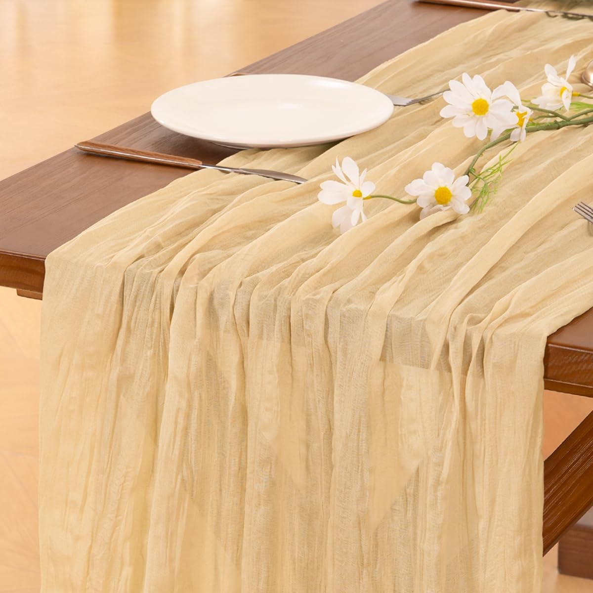 Socomi 3pcs Gold Champagne Cheesecloth Table Runner Fall Thanksgiving Boho Rustic Gauze 120 inch 10FT Cheese Cloth Runner for Wedding Party Baby Shower Birthday Home Decor Holiday Decorations