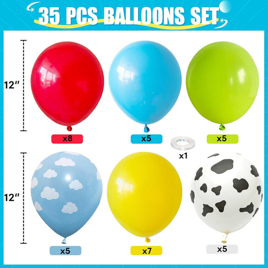 Toy Inspired Story Balloons, 12 Inch Cow Print Sky Blue Cloud Balloons Red Blue Yellow Green Balloons for Kids Boys Birthday Party Farm Themed Halloween Party Decorations
