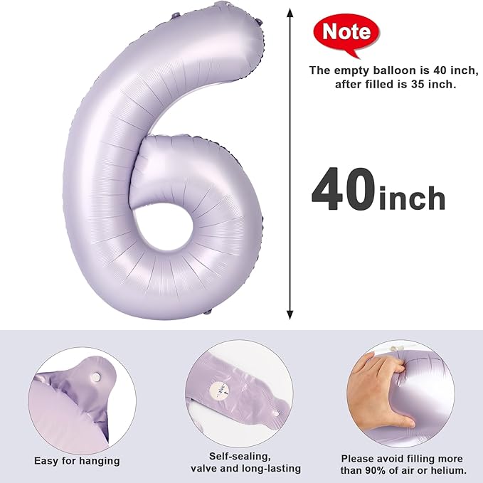 Number 6 Balloon 40 Inch, 6 7 Six Seven Birthday Decorations, 6th Birthday Balloon for Boy Girl, Cream Purple 16 60 61 65 Numbers Balloons Graduations Anniversary Supplies