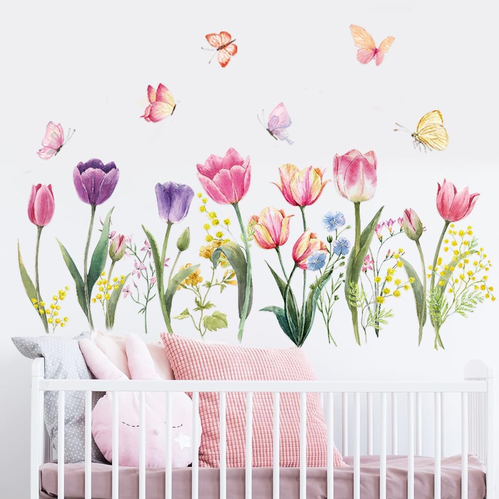Tulip Flowers Wall Decals Watercolor Floral Butterfly Wall Stickers Colorful Flowers Wall Mural Removable Flower Peel and Stick Wall Art for Girls Bedroom Kids Nursery
