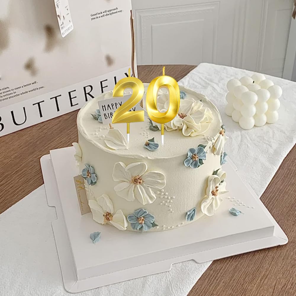 20th Birthday Cake Topper, Gold 20 Birthday Candle, 2 0 Candles 20th Birthday Cupcake Party Favor Happy Birthday Party Decorations Birthday Candle for Cake Sparklers Birthday Gifts
