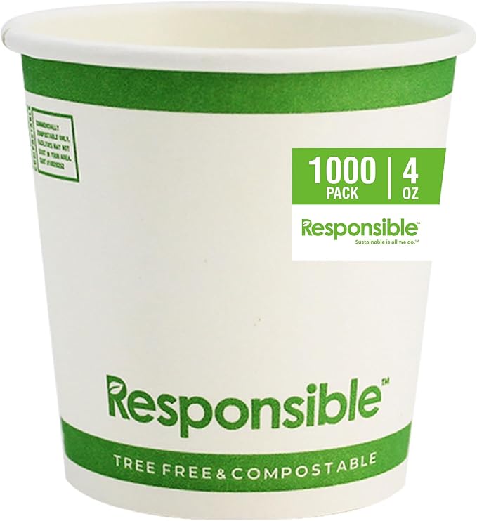 Responsible Products 4 oz Paper Hot Cups, Tree-Less™ Compostable Paper Coffee Cups, Extra Strength, Tree-Free and Made Without PFAS, White (1000 Count)