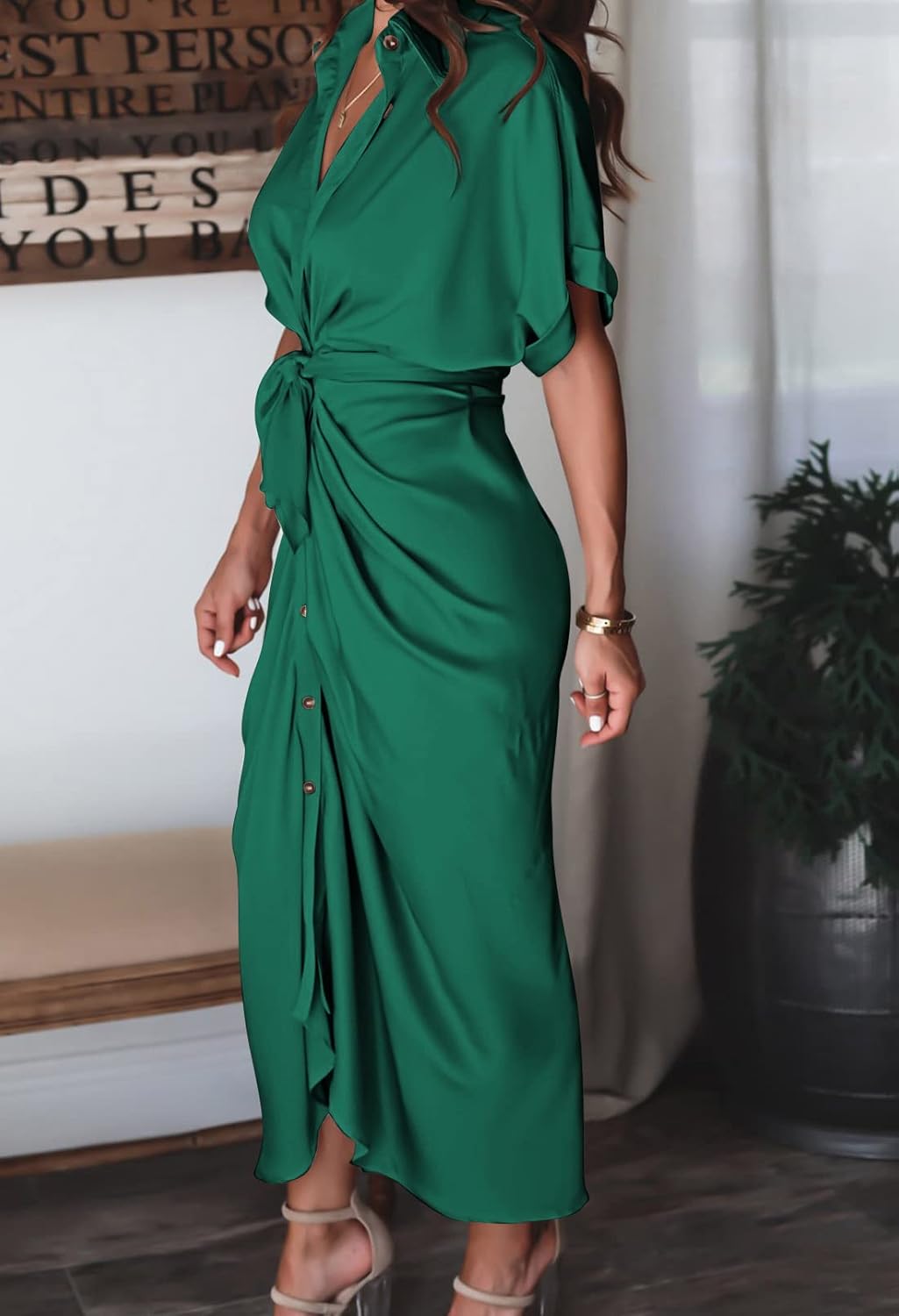 Women Elegant Satin Button Down Short Sleeve Maxi Shirt Dress with Belt