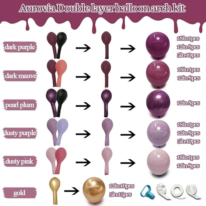 Dark Purple Pink Balloon Garland Double Stuffed Plum Mauve Burgundy Gold Balloon Arch Kit Dusty Pink Lavender Balloons for Birthday Bridal Shower Wedding Valentine Mother's Day Party Decorations