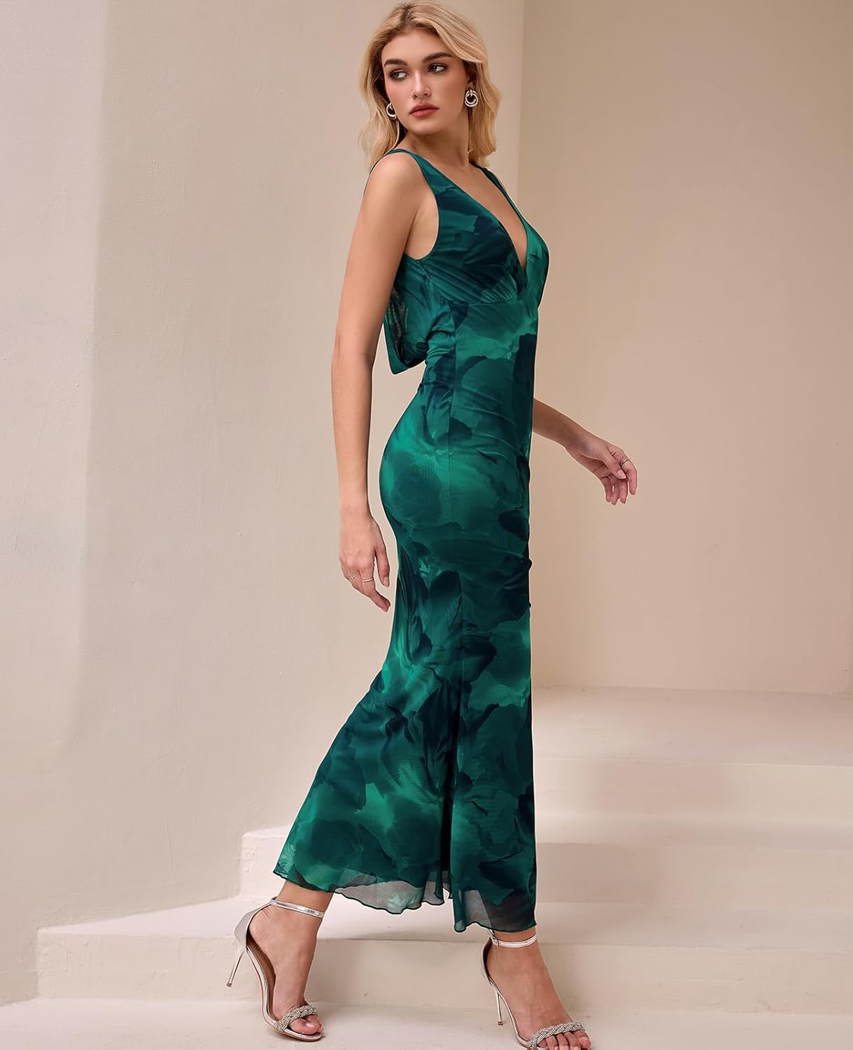 GLNEGE Women's Summer Floral Bodycon Maxi Dress Sexy Backless V Neck Wedding Guest Dresses 2025