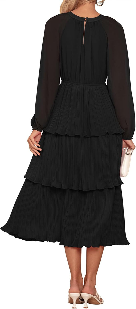 ZESICA Women's 2025 Long Sleeve Crew Neck Ruffle Tiered Layered Chiffon Flowy Swing Long Midi Dress