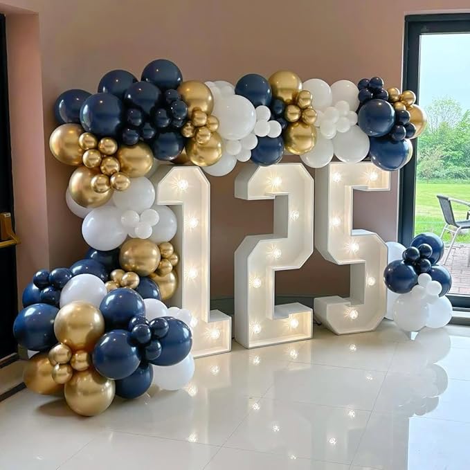 Navy Blue and Gold Balloons Arch Kit, 162pcs Different Sizes with Navy Blue White Chrome Gold Confetti Balloons for Graduation 2025 Anniversary Baby Shower Birthday Party Decorations
