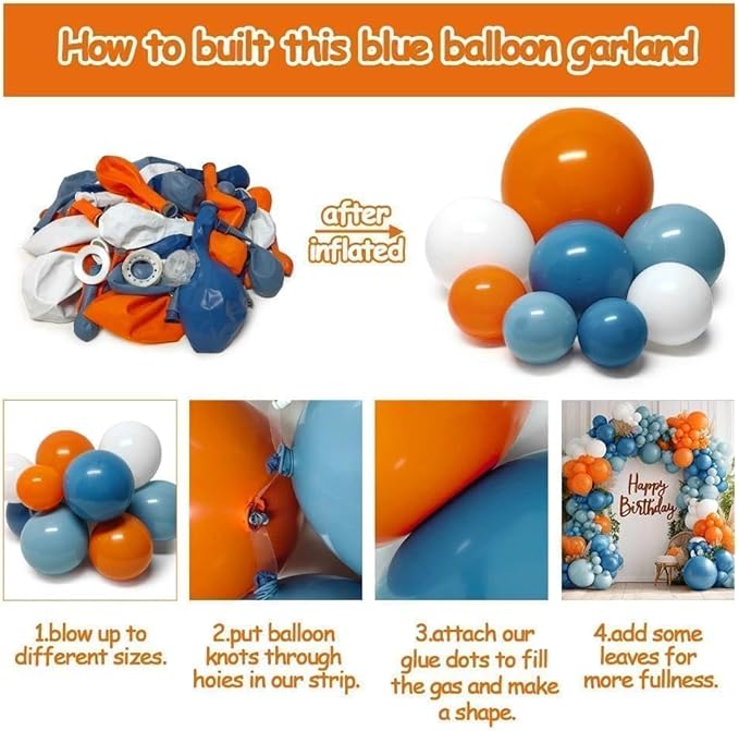 Dusty Blue Orange Balloon Arch, Double Stuffed Burnt Orange Blue White Balloon Garland Kit Dark Teal Latex Balloons for Birthday Baby Shower Bridal Shower Wedding Boho Gender Reveal Party Decor