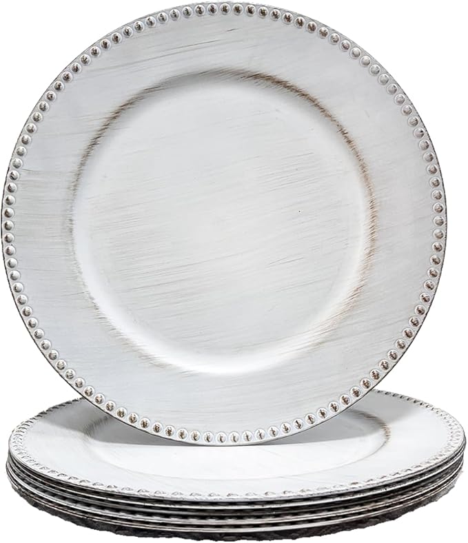 White Charger Plates with Beaded Rim, 13" Vintage Round Charger for Dinner Plates, Set of 6 Plastic Plate Chargers for Wedding Table Setting,Party Decoration.