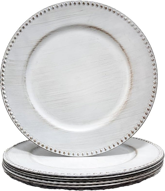 White Charger Plates with Beaded Rim, 13" Vintage Round Charger for Dinner Plates, Set of 6 Plastic Plate Chargers for Wedding Table Setting,Party Decoration.