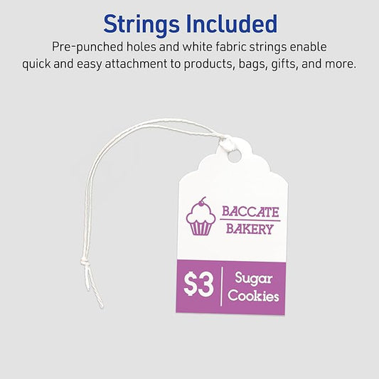 Avery Scalloped Printable Tags, Sure Feed Technology, 2" x 1.25", White, Includes String, Laser/Inkjet Printable, 180 Total, Great for Branding, Gifts, Merchandising, and More (22848)