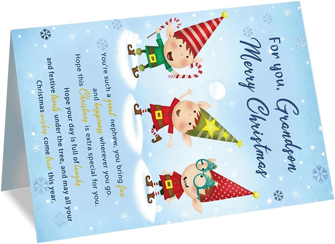 Grandson Christmas Card Gift, Christmas Card for Grandson, Cute Festive Elf Design for Boys