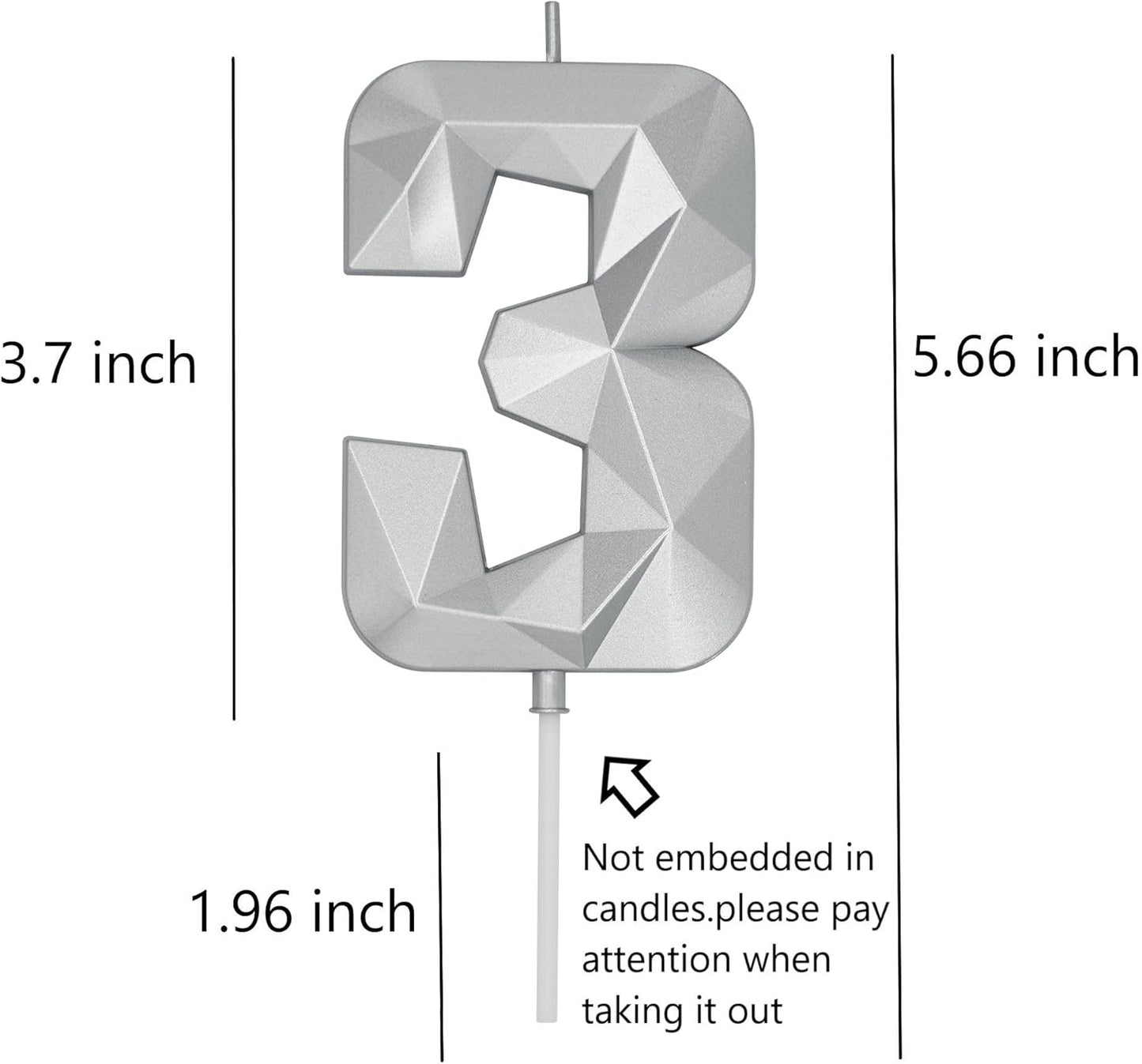 DERVENTA Birthday Candle Big Number 3D Silver 3.7 inch Party Celebration Anniversary Decoration Cake Topper 1 Piece (Number 3 Silver)