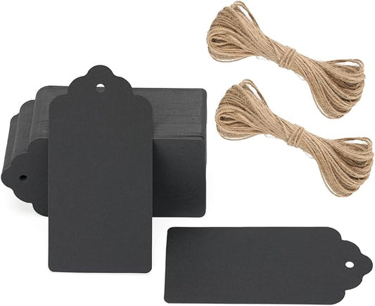 Kraft Paper Tags, 2'' x 4'' Paper Gift Tags with Twine for Arts and Crafts, Wedding Christmas Thanksgiving and Holiday-100PCS (Black)
