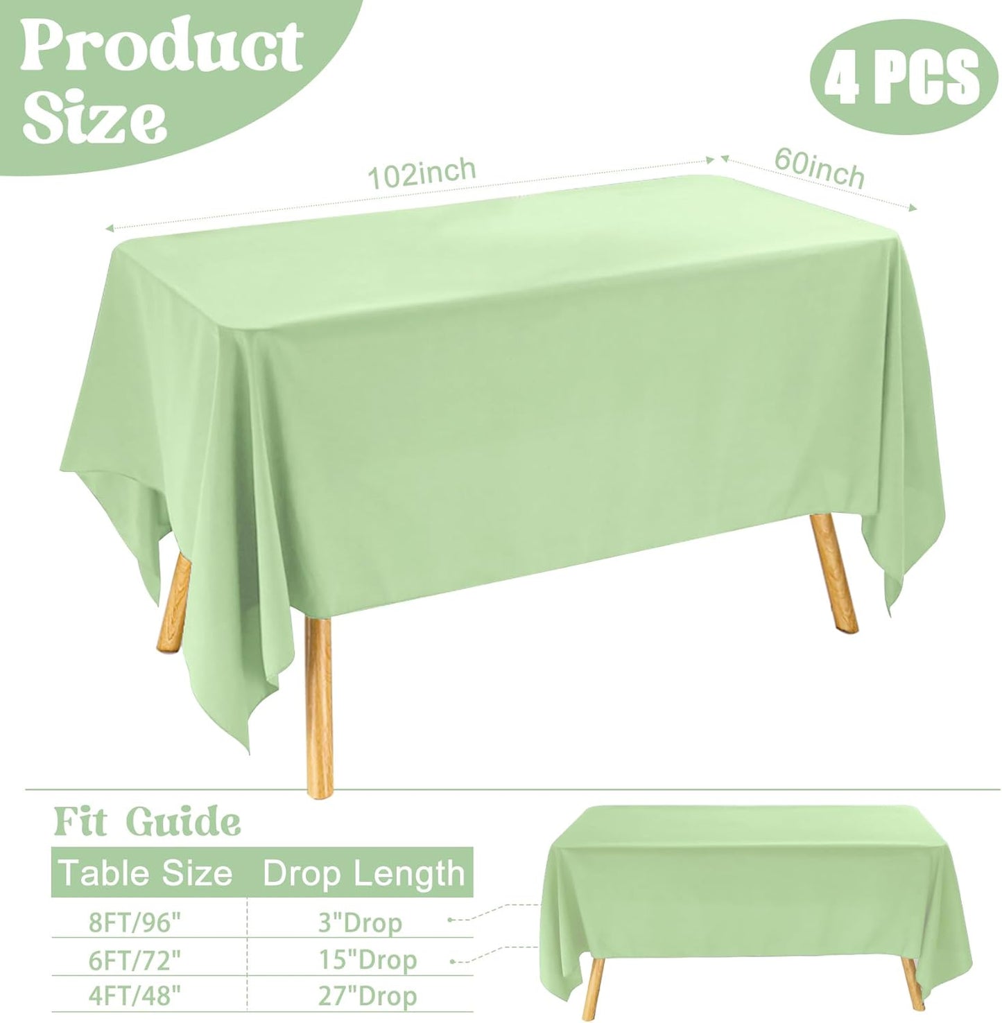 4 Pack Rectangle Tablecloth 60x102 Inch Sage Green Washable Polyester Table Cover for Wedding Dining Table Parties Banquet（60x102 Sage Green）