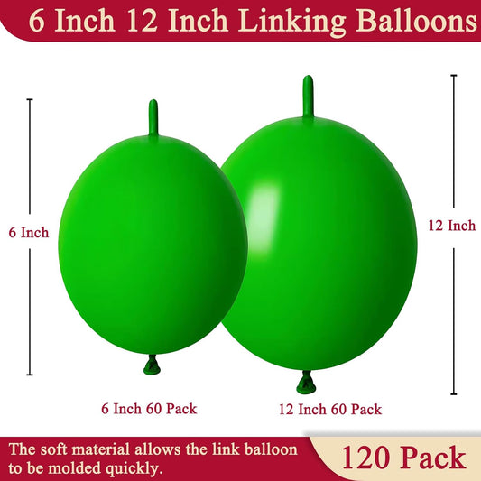Green Link Balloons 6 & 12 Inch – 120 Pcs Latex Linking Balloons for Garden & Jungle Party Decor
