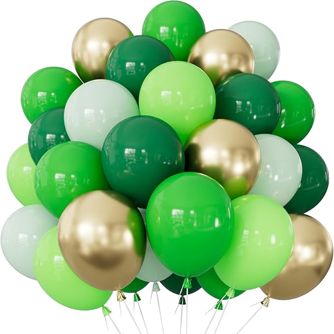 Green and Gold Balloons, 60Pcs 12Inch Different Shades Green Balloon and Metallic Gold Latex Balloon for Jungle Safari Birthday Baby Shower Party Decorations