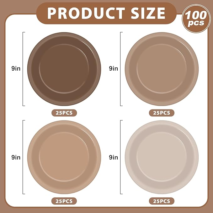100Pcs Brown Paper Plates 9 Inch Gradient Brown Color Plates Disposable Round Dessert Plates Brown Party Tableware Solid Color Paper Plates Winter Table Decors for Birthday Gatherings Outdoor Party