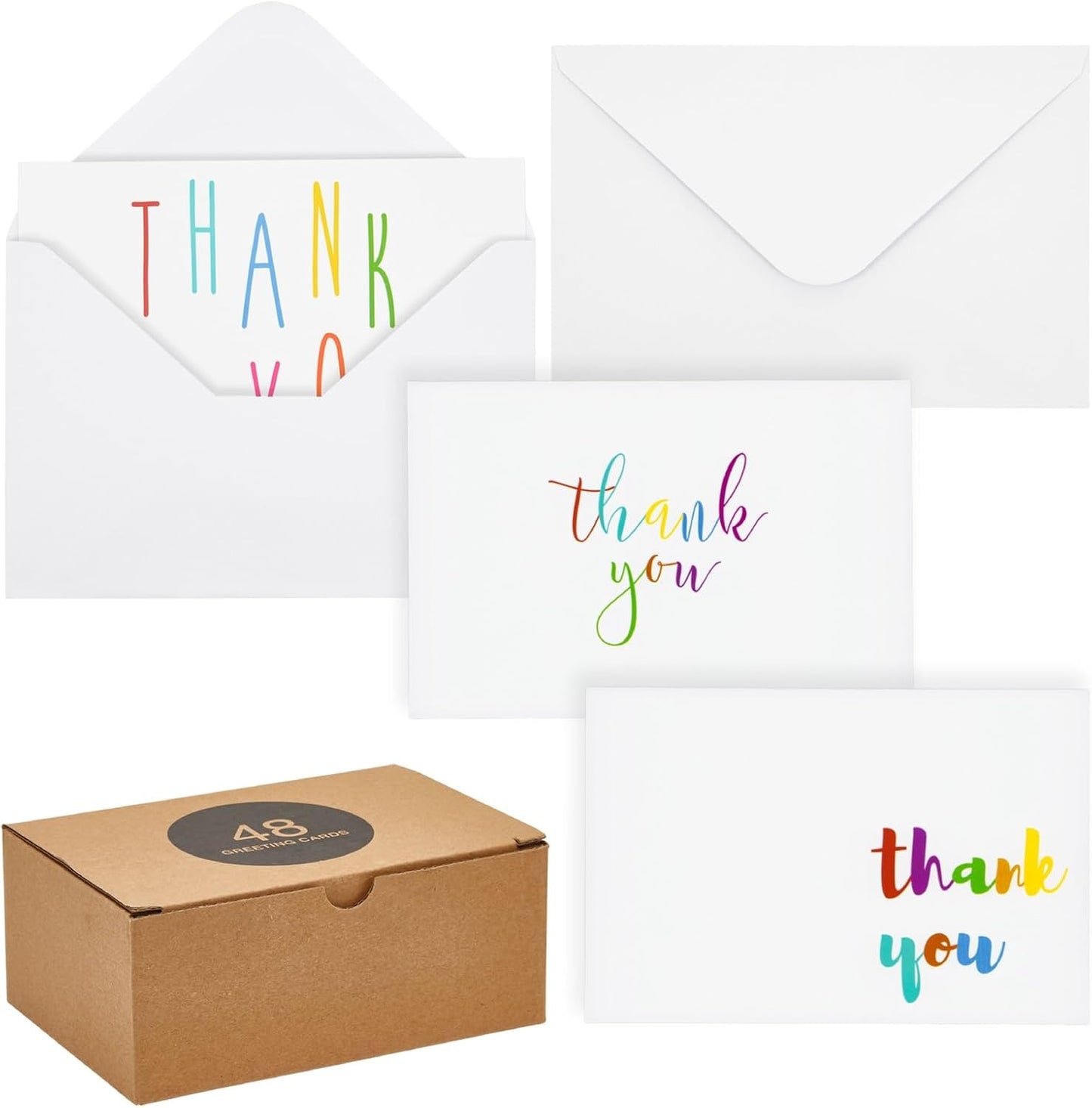 Juvale Thank You Cards with Envelopes - Bulk Blank Thank You Notes & Cards for Kids & Adults - 6 Assorted Rainbow Designs - White, 48 Pack, 4 x 6 In