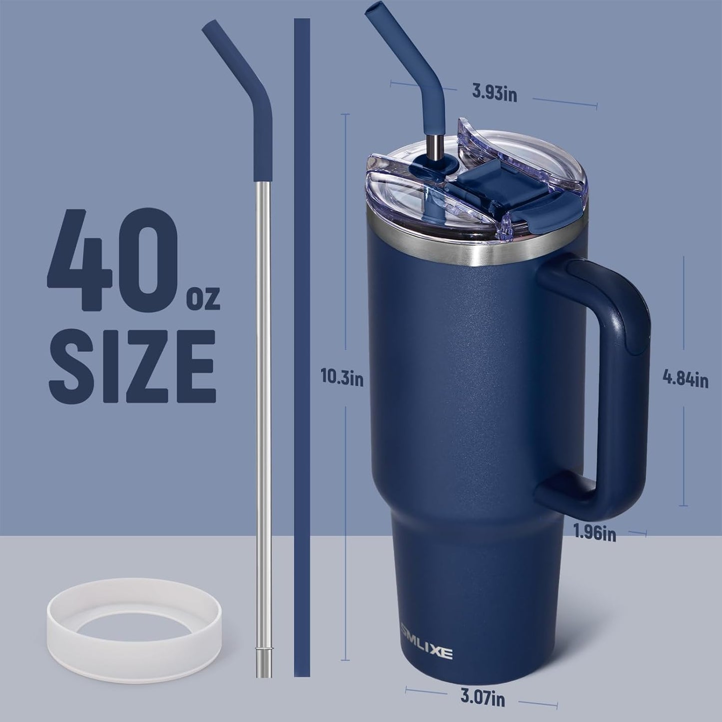 40 oz Tumbler with Handle and Straw Lid,Insulated Reusable Stainless Steel Water Bottle Travel Mug，Cupholder Friendly Double Wall Vacuum Sealed Cup (Navy)
