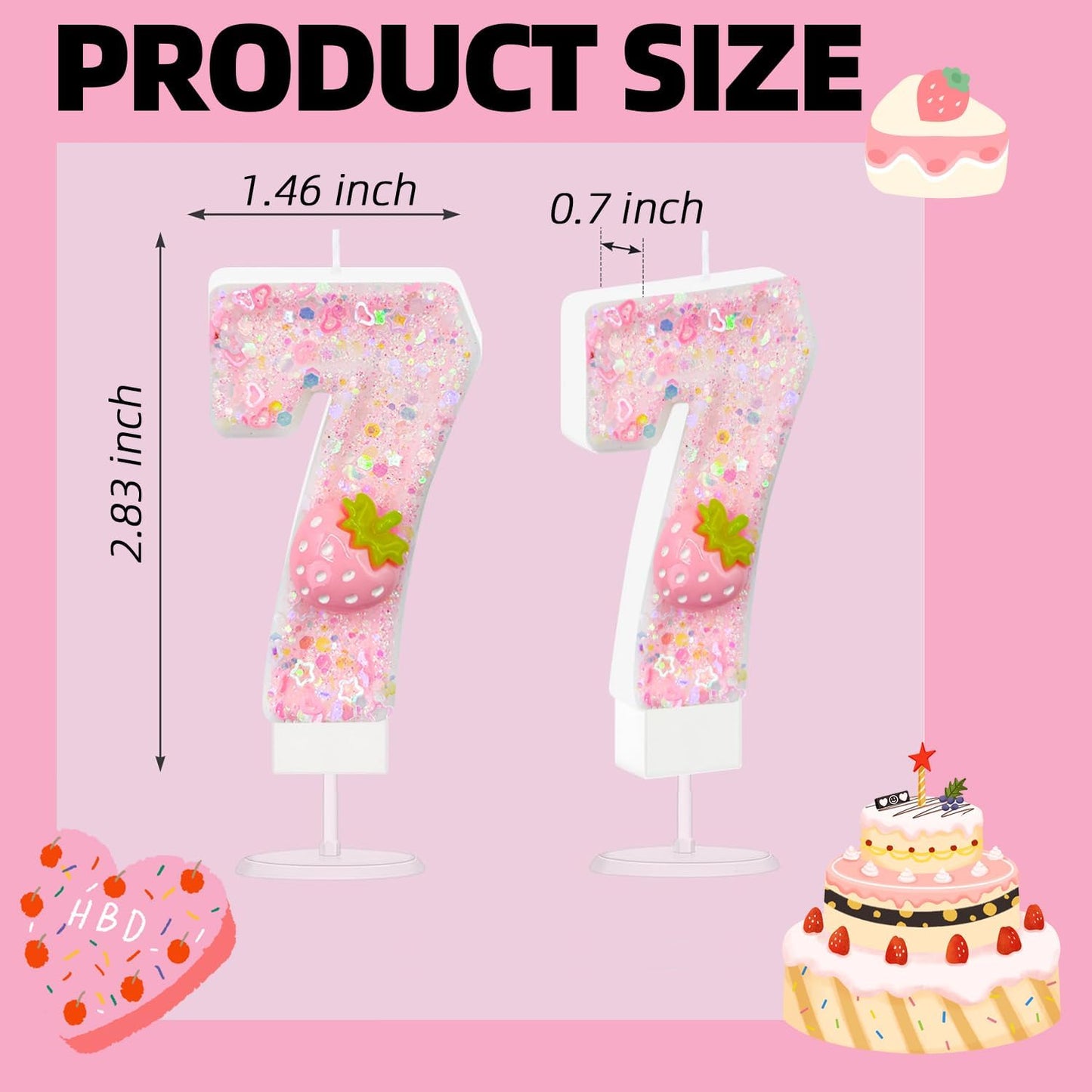 HXOUSE Strawberry Number 7 Birthday Candles - Pink Berry Birthday Candles for Cake, 7 Candle Topper for Anniversary Celebrations Supplies, Strawberry Party Decorations for Girl (No.7)