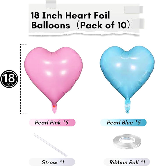 Pink Blue Heart Balloons, 18 Inch Pastel Blue Pink Foil Heart Balloons Pearl Pink Blue Heart Shape Mylar Balloons Baby Blue and Pink Party Balloon for Baby Shower Gender Reveal Birthday