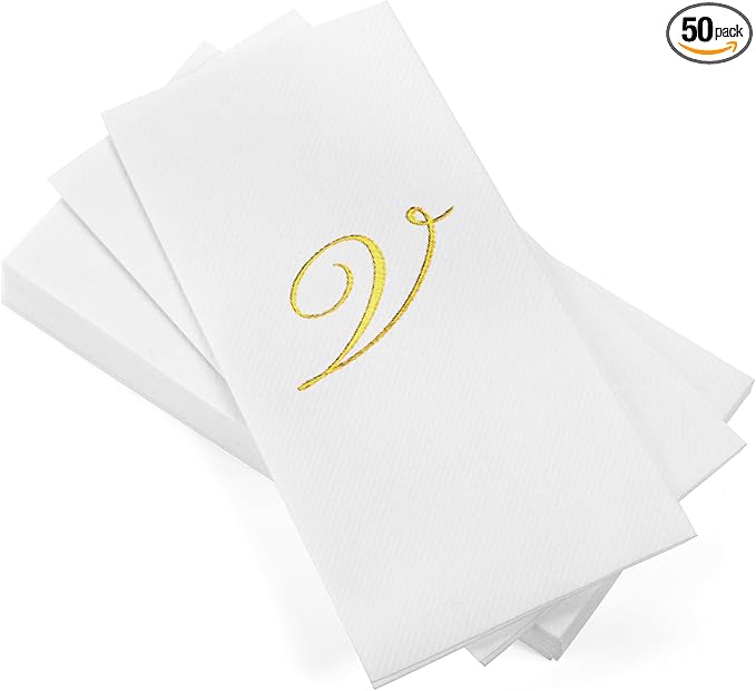 AMERICAN HOMESTEAD Disposable Hand Towels - Gold Foil Monogrammed Guest Napkins - Linen-Like Bathroom Paper Towels for Guests - Perfect Wedding and Party Napkins - 50 Count (Gold V)