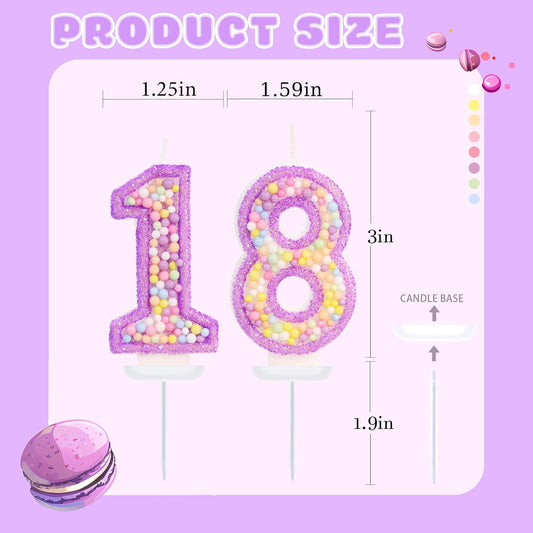Purple Birthday Candles - Number 18 Candle, Colorful Macaron Candles, 18 Birthday Decorations for Girls, Purple Cake Decorations, Theme Party Supplies