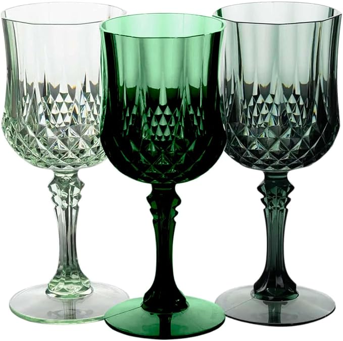 Efavormart 12 Pack Assorted Green Crystal Cut Reusable Plastic Wine Glasses, Shatterproof Cocktail Goblets 8oz