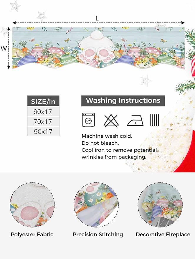 Easter Bunny Tail Fireplace Mantel Scarf Table Runner, Colorful Easter Eggs Teal Wooden Leaves Winter Garland Mantel Top Tablerunners Dresser Scarves Cover for Windows Party Living Room 70''x17''