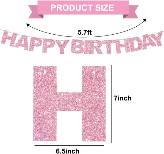 BEISHIDA Pink Happy Birthday Banner - Pre-Strung,No DIY Party Decorations - Happy Birthday Sign - Birthday Banner for Women, Kids - Backdrop