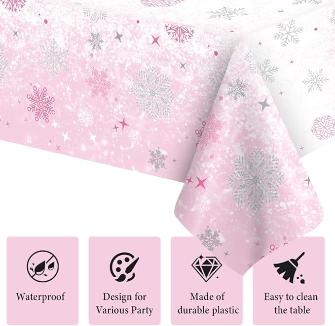 2 PCS Pink Plastic Snowflake Tablecloth(54x108 Inch) Frozen Birthday Winter Wonderland Decorations Disposable Table Cover Tablecloths for Christmas Holiday New Year Party Favors Supplies Decor