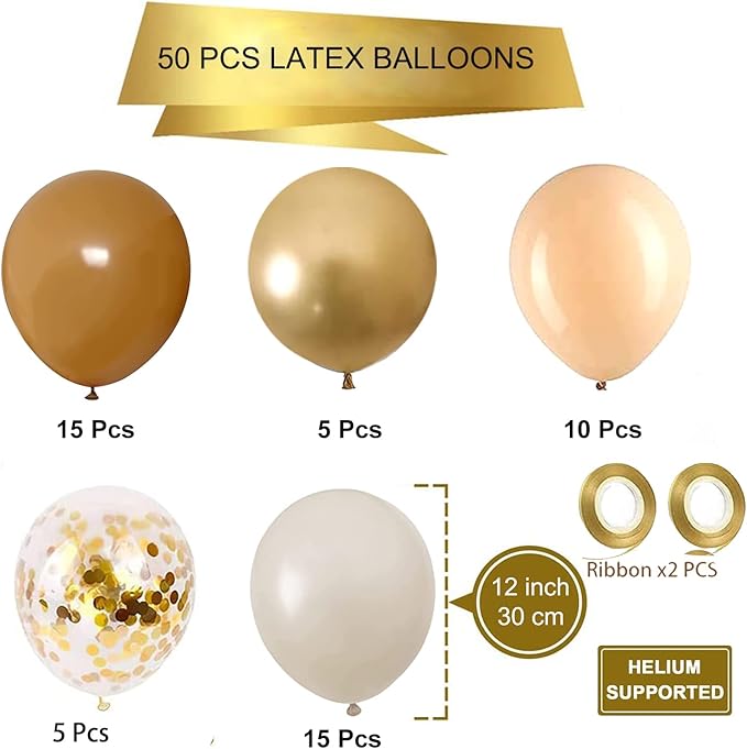 Brown Sand White Neutral Balloons, 50pcs 12 inch Retro Apricot Balloons Brown Sand White Gold Confetti Party Balloons For Birthday Engagement Wedding Anniversary Party Decorations