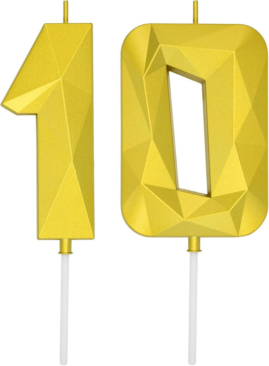 DERVENTA Large Birthday Candle Number 3D Gold 3.7 inch Party Celebration Anniversary Decoration Cake Topper 1 Piece (Number 10 Gold)
