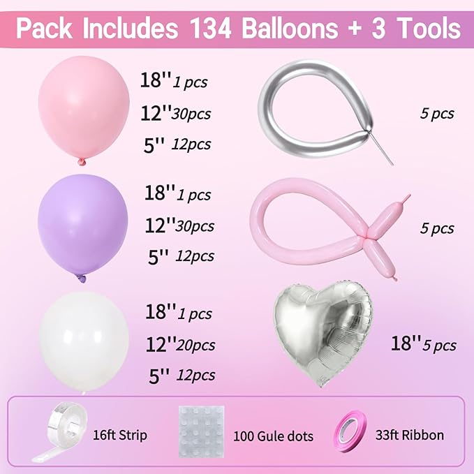 Pink and Purple Balloon Arch Kit - Purple and Pink Balloons Garland with Silver Heart Foil for Girls Birthday Party, Baby Shower, Wedding, Bridal Shower, and Princess Theme Decorations