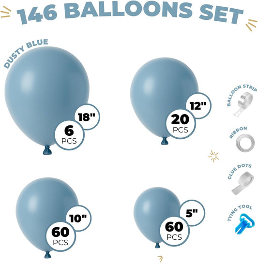 Balloon Garland Arch Kit – 146 Pcs Dusty Blue Balloons for Baby Shower, Birthday, Gender Reveal, Wedding Party – DIY Kit by Vellax™