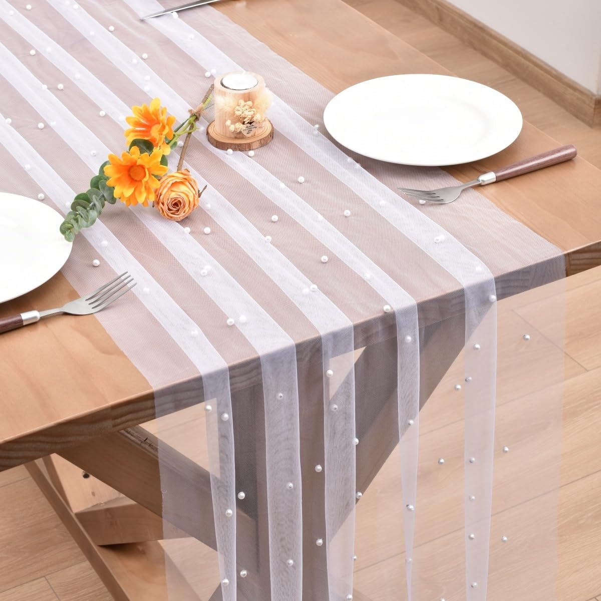 White Pearl Fall Thanksgiving Table Runner Boho Rustic Tulle Lace Table Runner for Baby Shower Wedding Arch Decor Veil Dessert Table Decor 6pcs